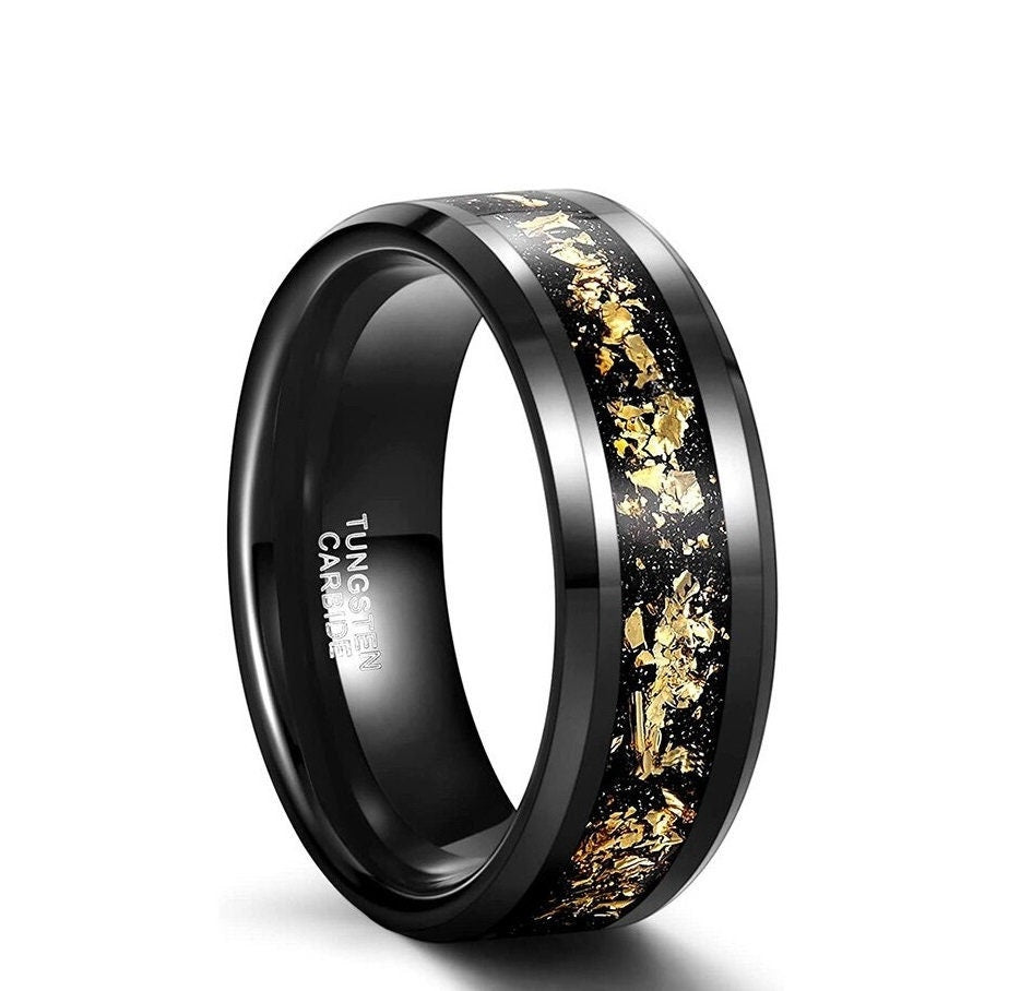 Black Tungsten gold leaf ring with crushed black sandstone inlay and 24k gold flakes, 8mm comfort fit.