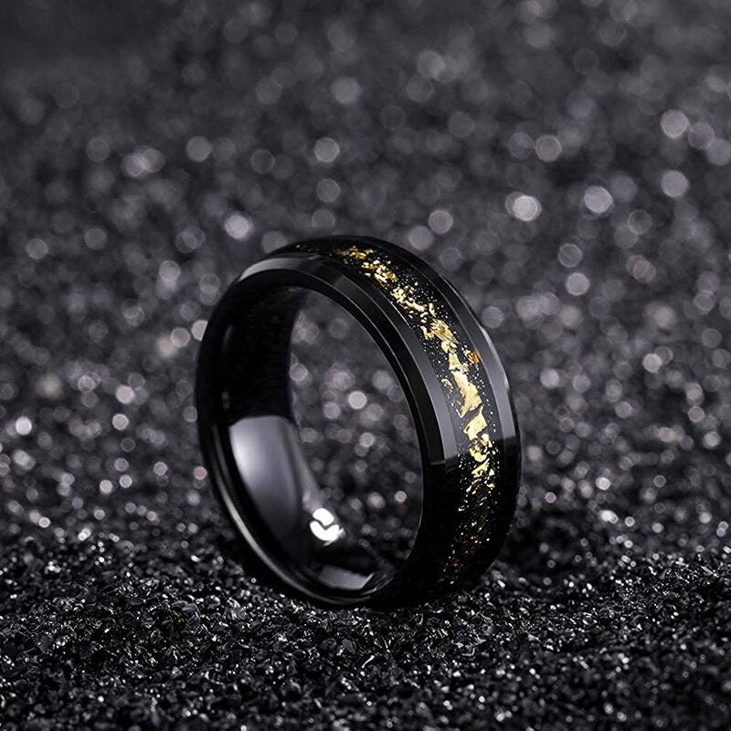 Beveled black Tungsten gold leaf wedding ring with gold flakes and black sandstone inlay, comfort fit.