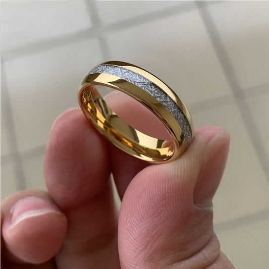 Gold meteorite ring with Gibeon inlay, domed Tungsten band, comfort fit.