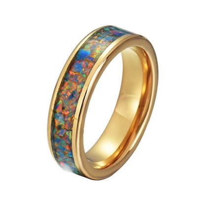 Gold opal wedding band featuring a unique design with colorful opal inlay.