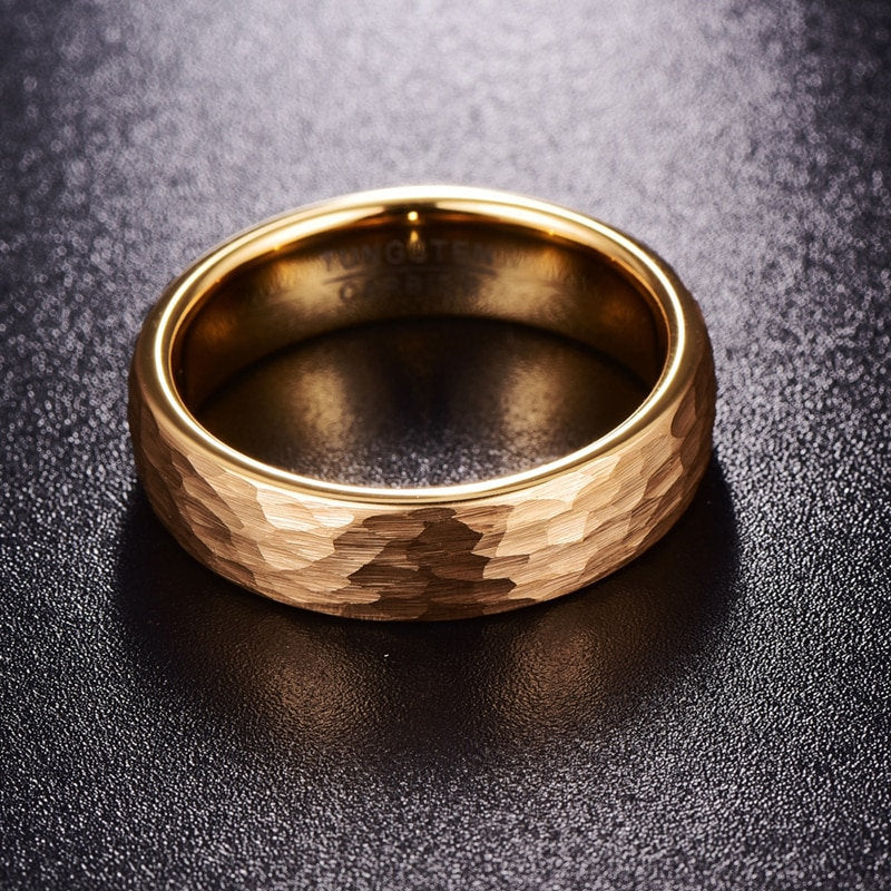 Hammered mens wedding band crafted from Tungsten with a hammered texture.