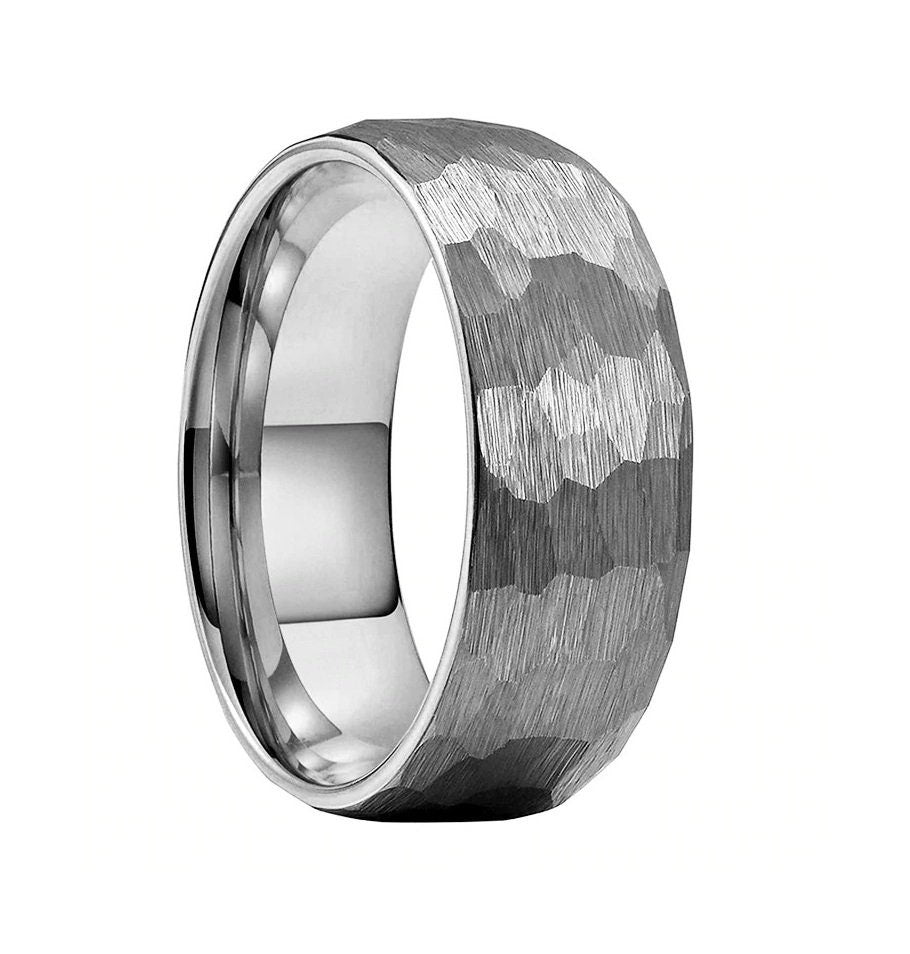 Hammered silver ring with an 8mm domed Tungsten band.