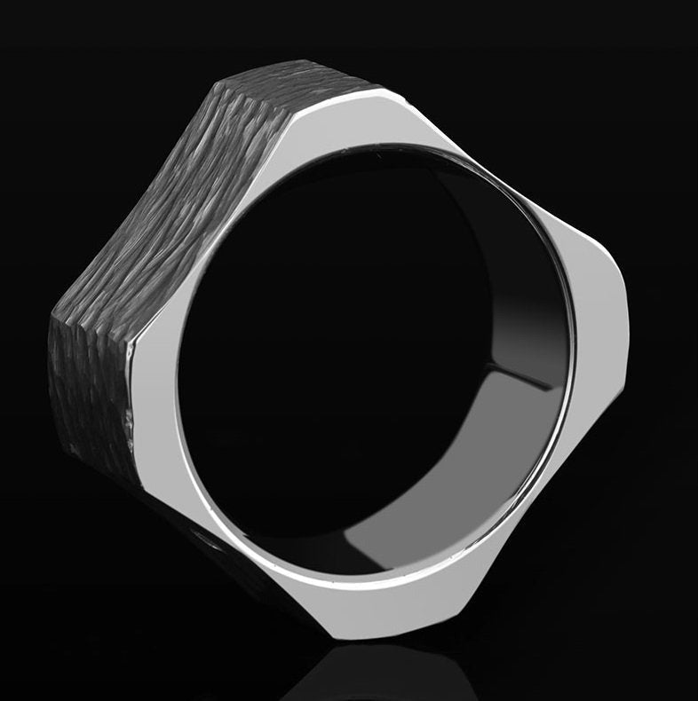 Hammered square mens ring in durable silver Tungsten with a sleek, polished interior.