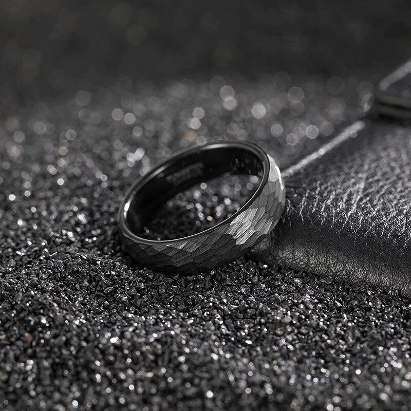 Hammered Tungsten ring with a brushed black finish and comfort fit interior.