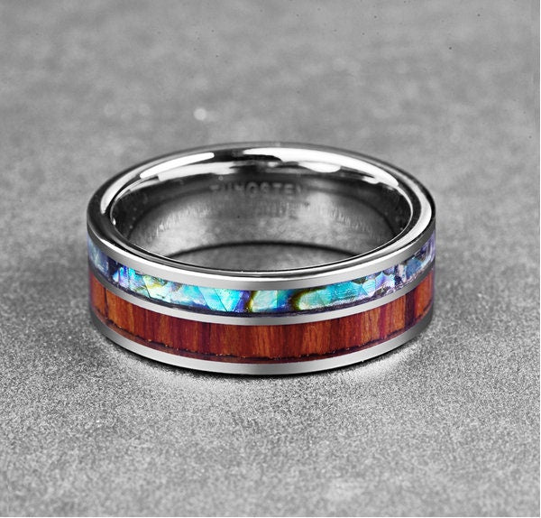 Hawaiian ring in silver Tungsten with a vibrant Koa wood and abalone shell inlay.