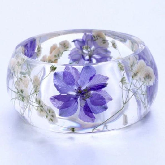 Bracelet jonc de bleuet violet et souffle de bébé blanc