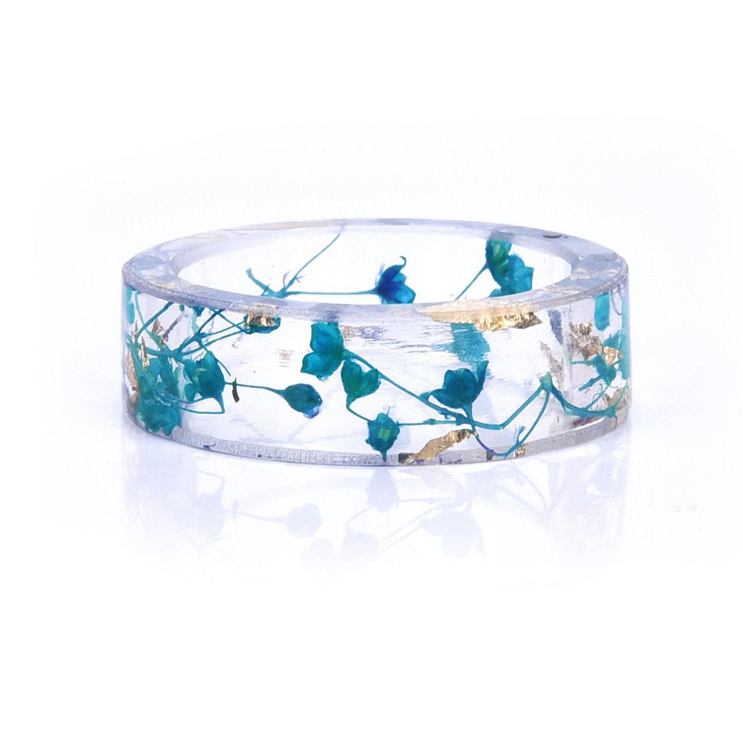 Delicate Blue Flower and Gold Flake Resin Ring