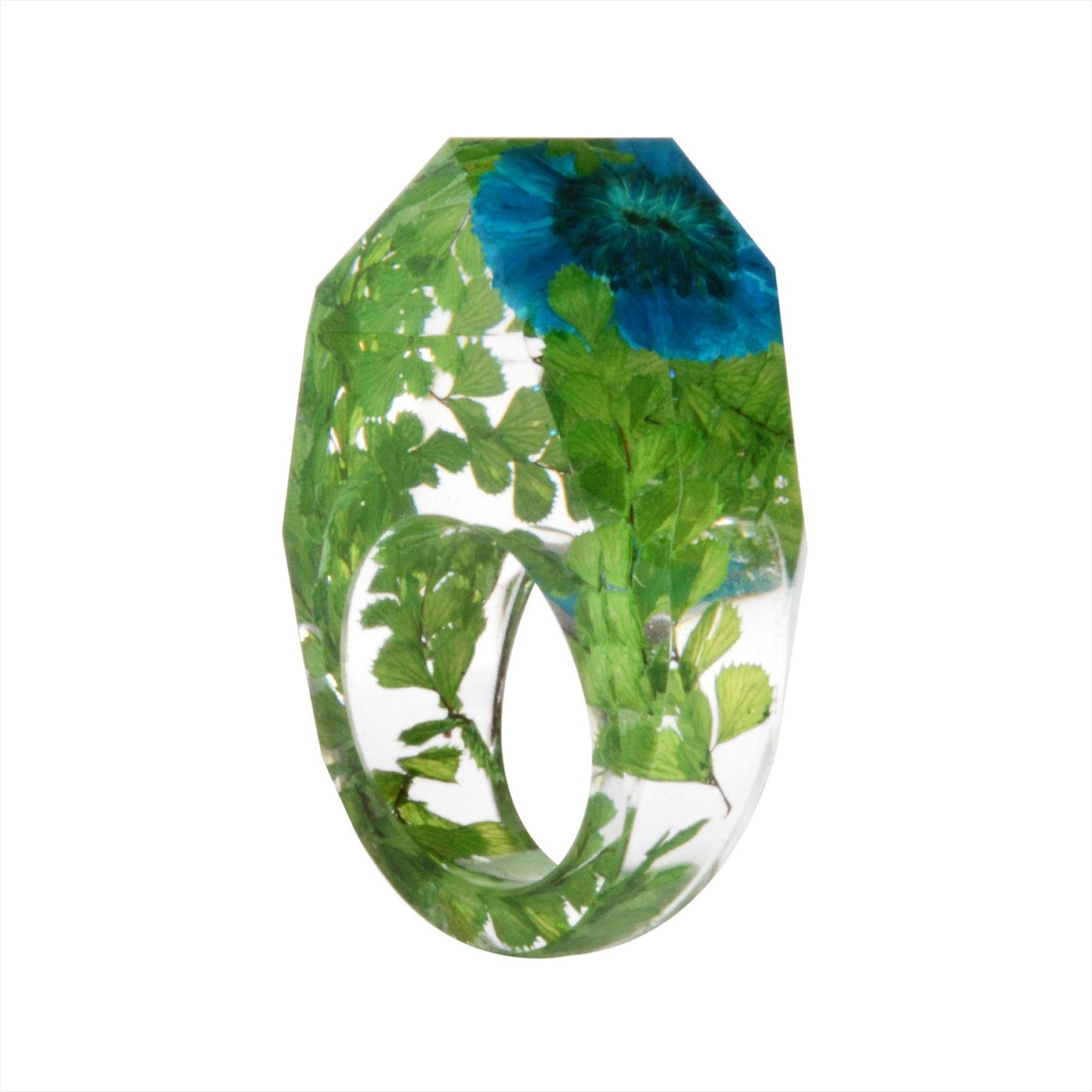 Real Blue Flower and Ferns Ring