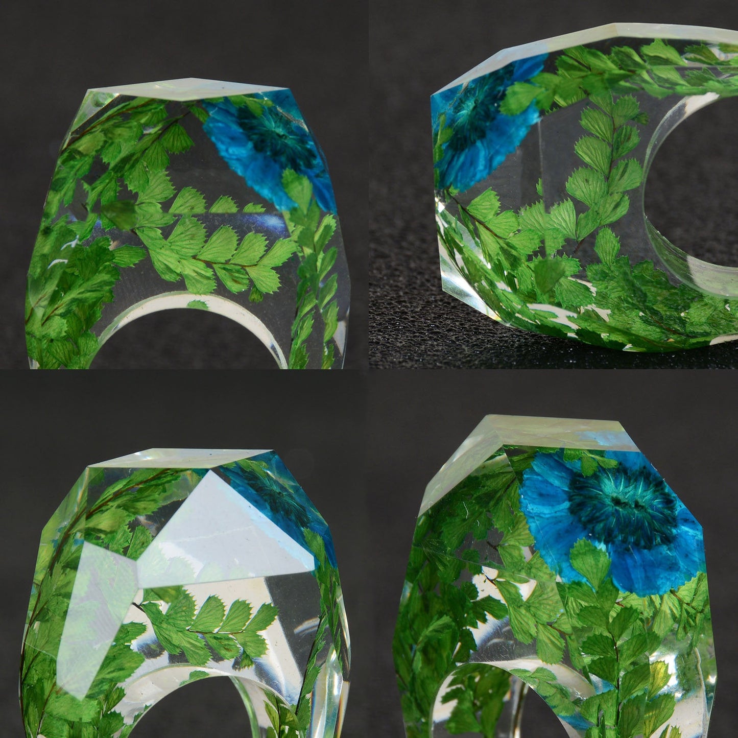 Real Blue Flower and Ferns Ring