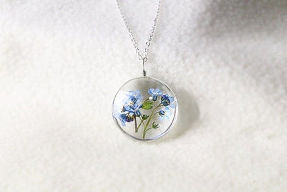 Blue Forget Me Not Glass Flower Necklace