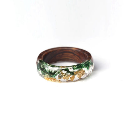 Real Moss and Gold Flake Faceted Wood Ring