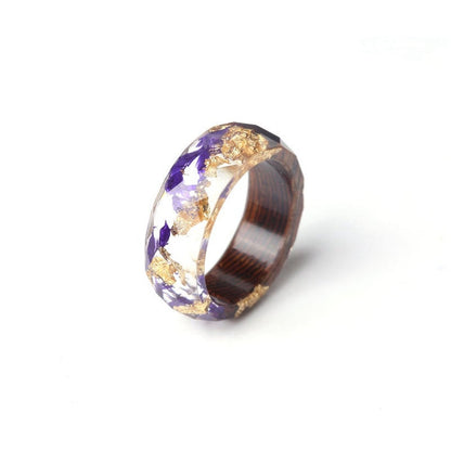 Purple Flower and Gold Flake Faceted Resin Ring