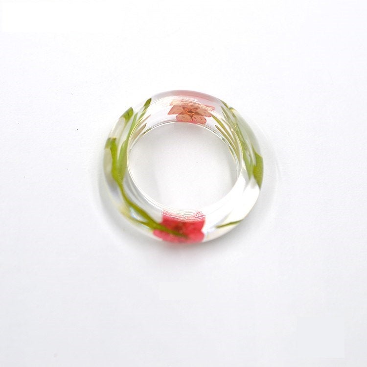 Pink Flowers and Green Moss Resin Ring