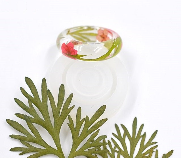 Pink Flowers and Green Moss Resin Ring