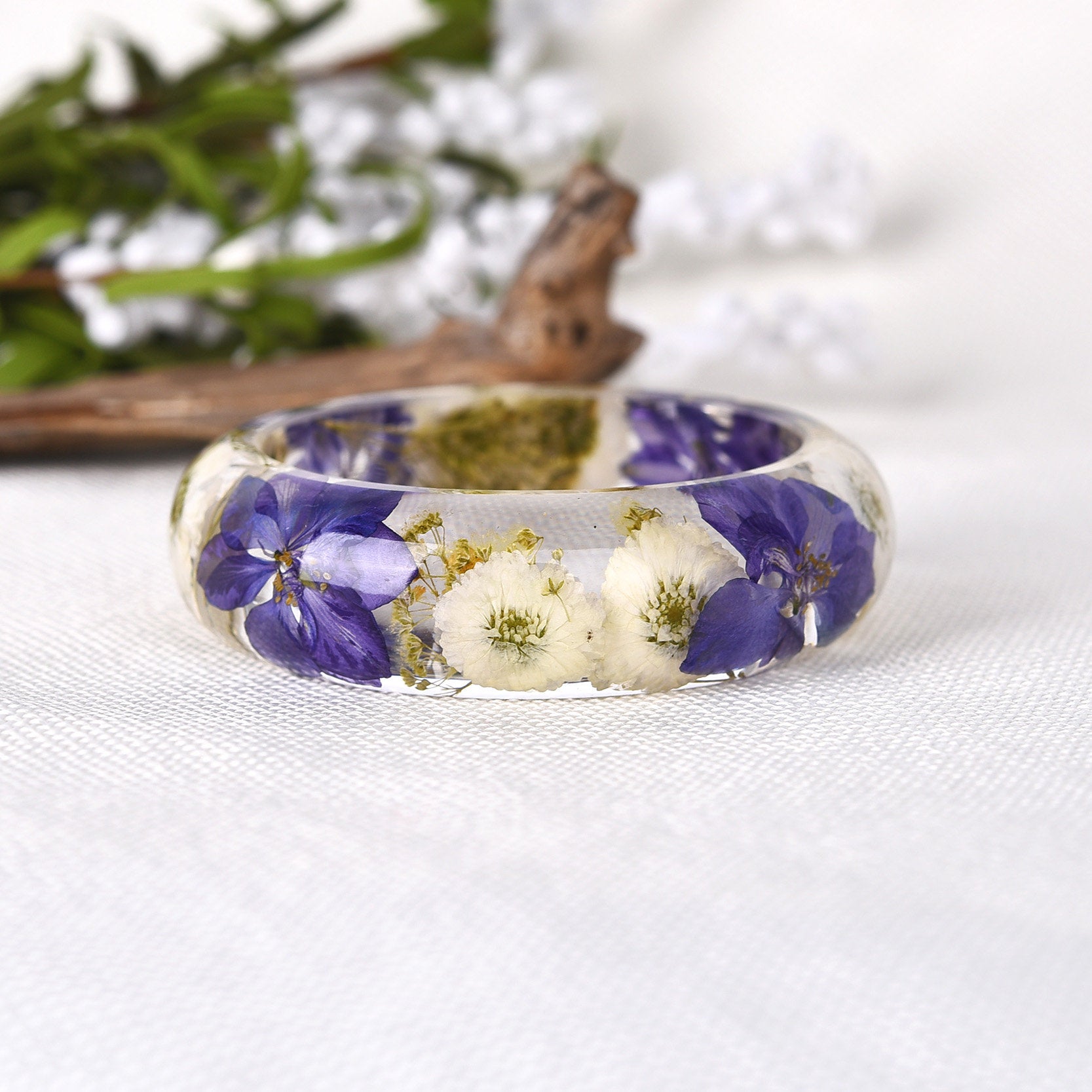 Clear Resin Bangle, Flower Resin Bracelet with Wooden, Pressed