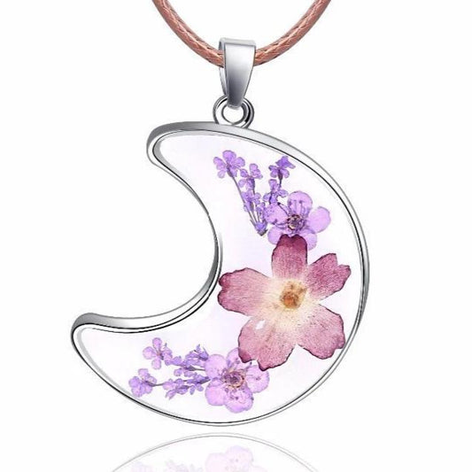 Crescent Moon Pressed Flower Necklace