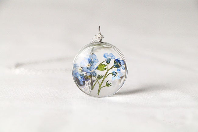 Blue Forget Me Not Glass Flower Necklace