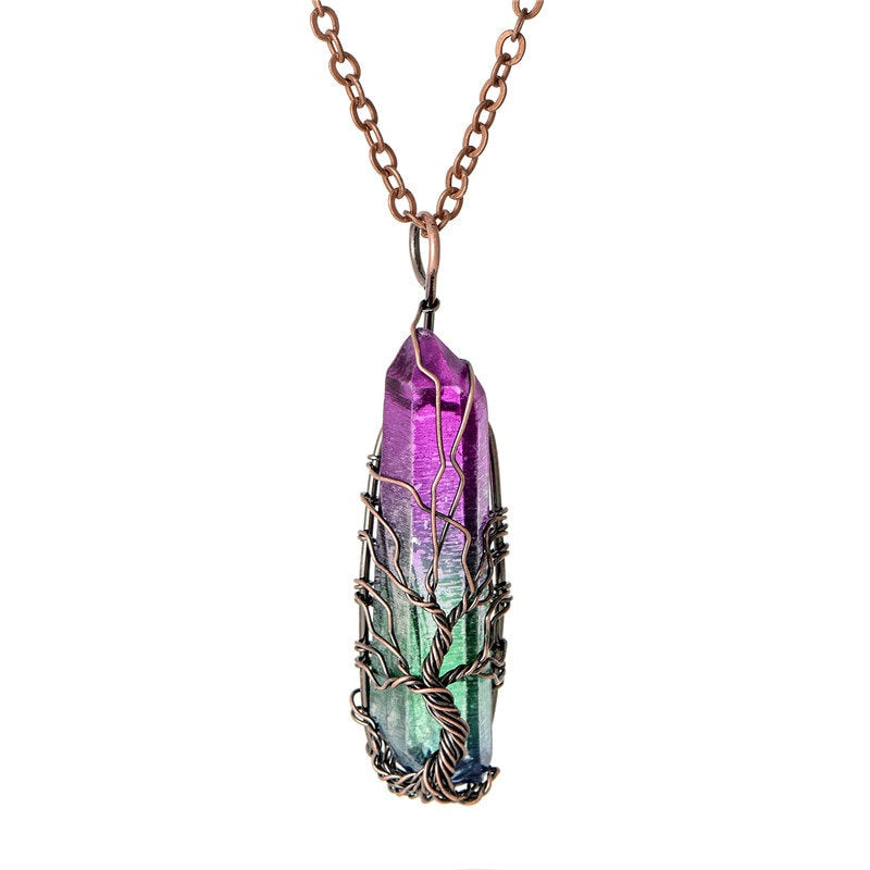 Collier d’arbre de vie en quartz arc-en-ciel brut