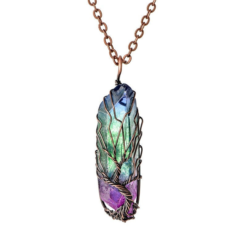 Collier d’arbre de vie en quartz arc-en-ciel brut