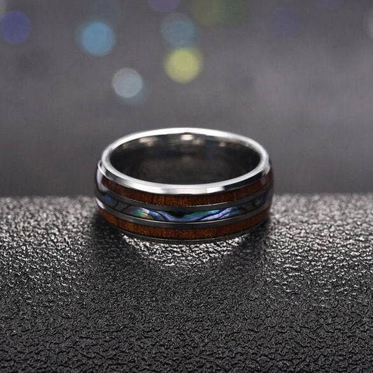 Bague pour homme en argent, coquille d'ormeau et bois d'acacia