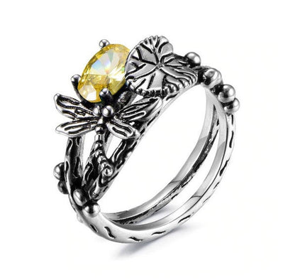 Bague feuille de lotus libellule en argent