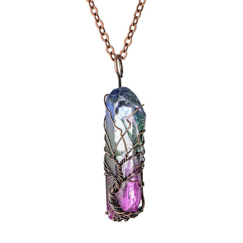 Raw Rainbow Quartz Tree of Life Necklace