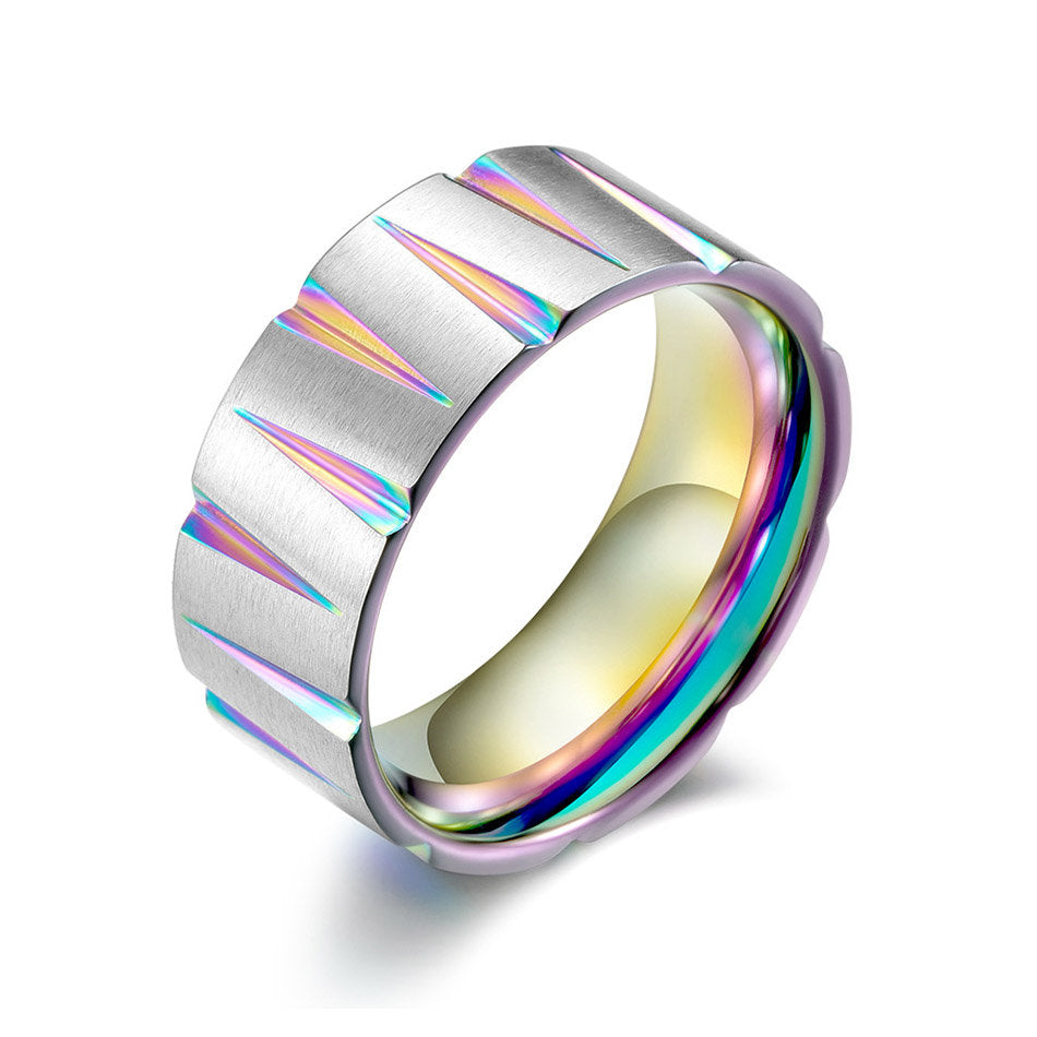 Bague irisée en argent titane arc-en-ciel rainuré