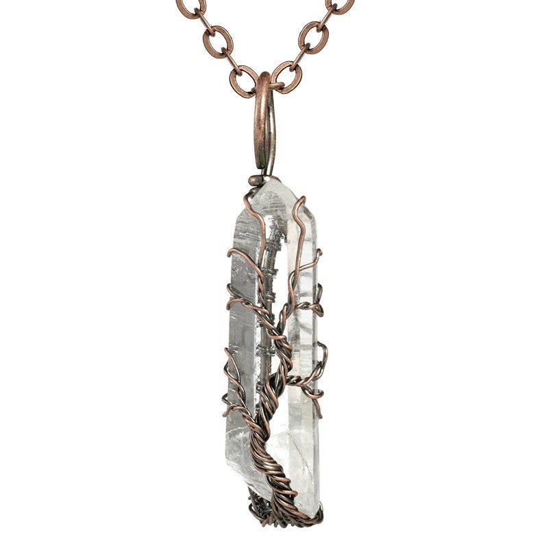 Collier d’arbre de vie enveloppé de fil de cristal de quartz clair brut