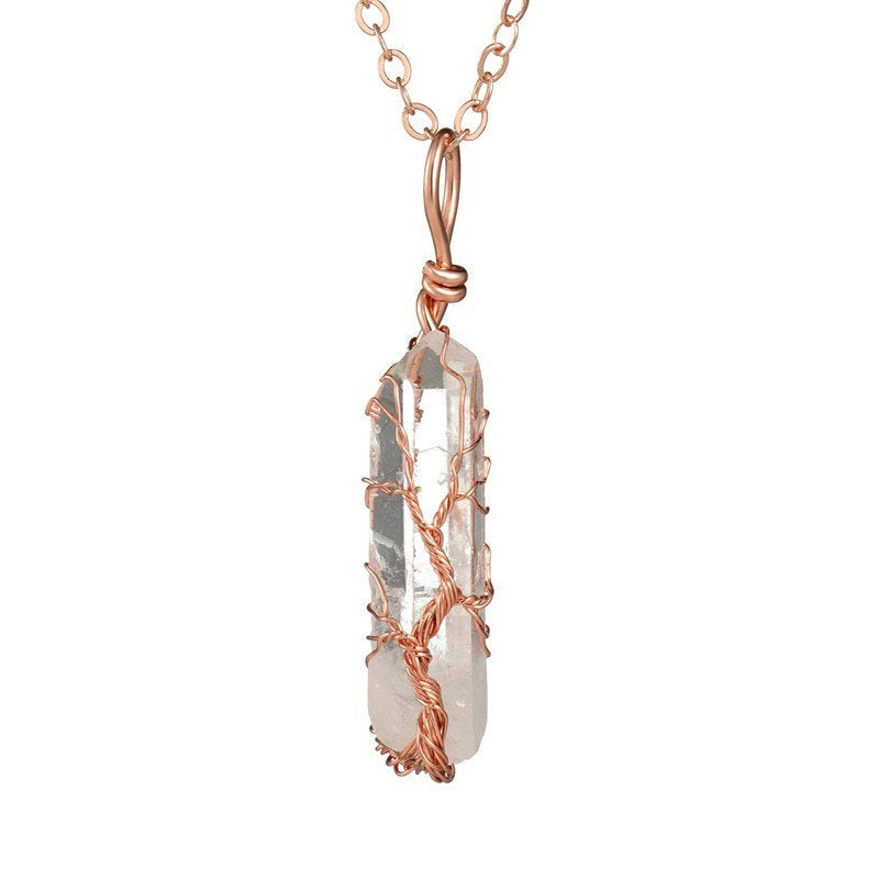 Collier d’arbre de vie enveloppé de fil de cristal de quartz clair brut