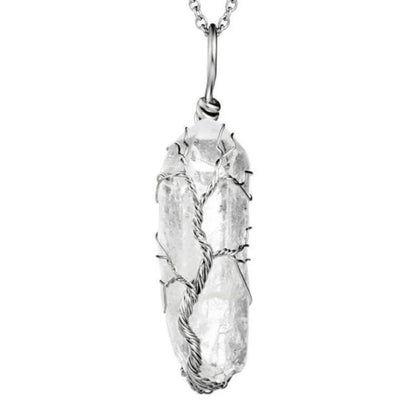 Collier d’arbre de vie enveloppé de fil de cristal de quartz clair brut