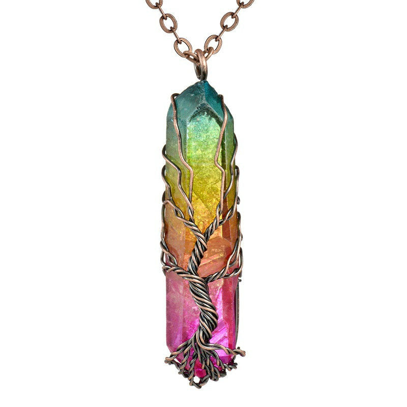 Collier d’arbre de vie enveloppé de fil de quartz arc-en-ciel brut