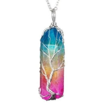 Collier d’arbre de vie enveloppé de fil de quartz arc-en-ciel brut