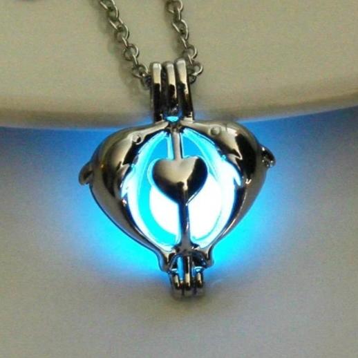 Glow In The Dark Silver Dolphin Heart Necklace