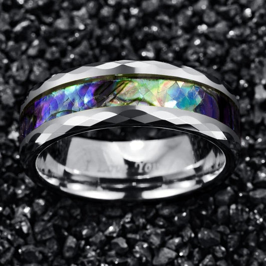 Faceted Silver Wedding Band for Men Inlaid with Abalone Shell