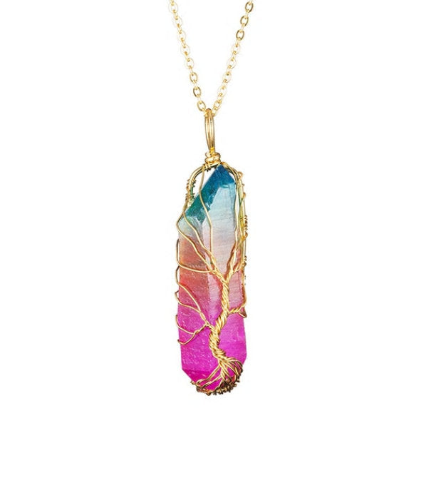 Collier d’arbre de vie enveloppé de fil de quartz arc-en-ciel brut