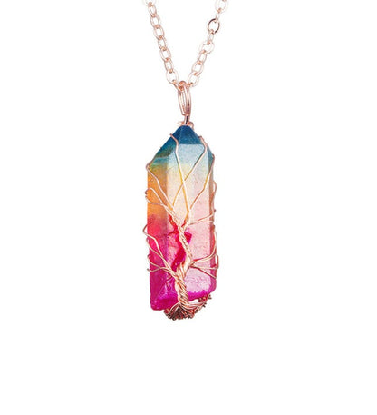 Collier d’arbre de vie enveloppé de fil de quartz arc-en-ciel brut