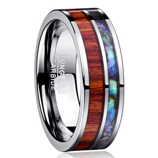 Wolframring mit Holz- und Abalone-Muschel-Inlay