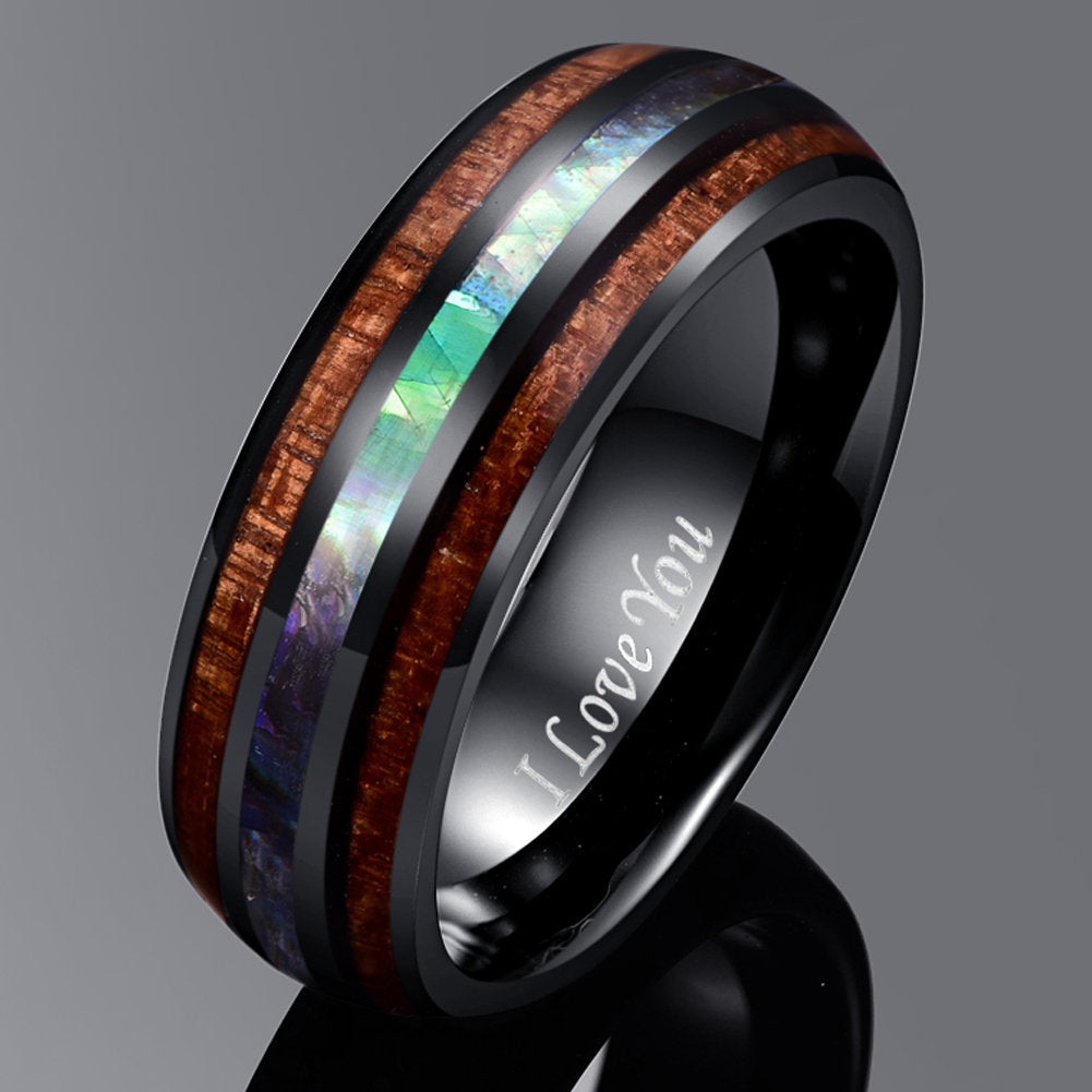 Bague pour homme avec incrustation de bois tropical et ormeau en tungstène noir