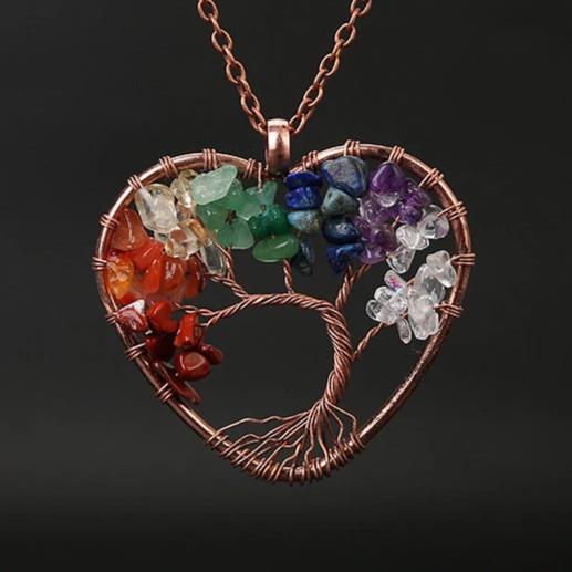 Collier arbre de vie avec pierres précieuses arc-en-ciel