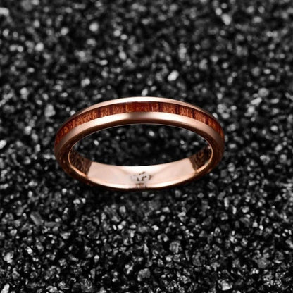 Dainty Rose Gold Wedding Ring for Women with Natural Wood Inlay