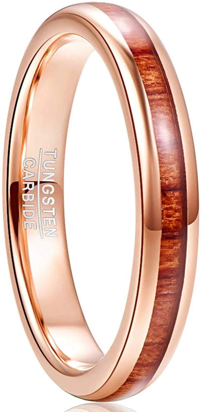 Bague de mariage délicate en or rose pour femme avec incrustation en bois naturel