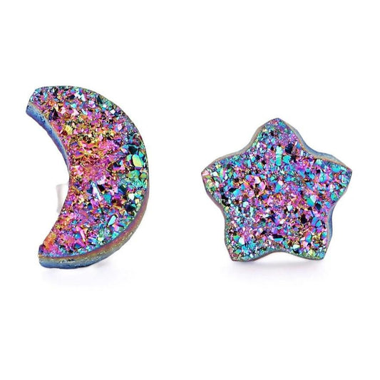 Rainbow Druzy Sterling Silver Mismatched Earrings