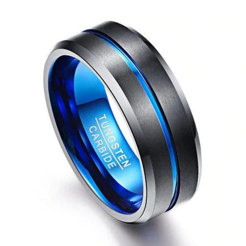 Tungsten Ring with Blue Stripe for Men