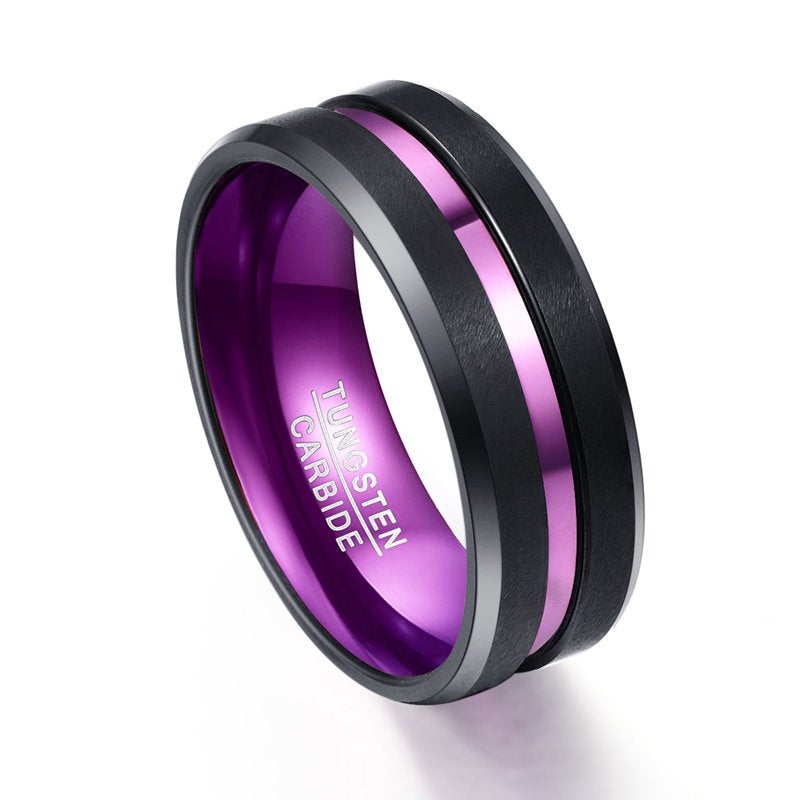 Bague en tungstène à rayures violettes métallisées pour hommes