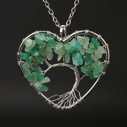 Collier coeur en argent avec pierres précieuses arbre de vie