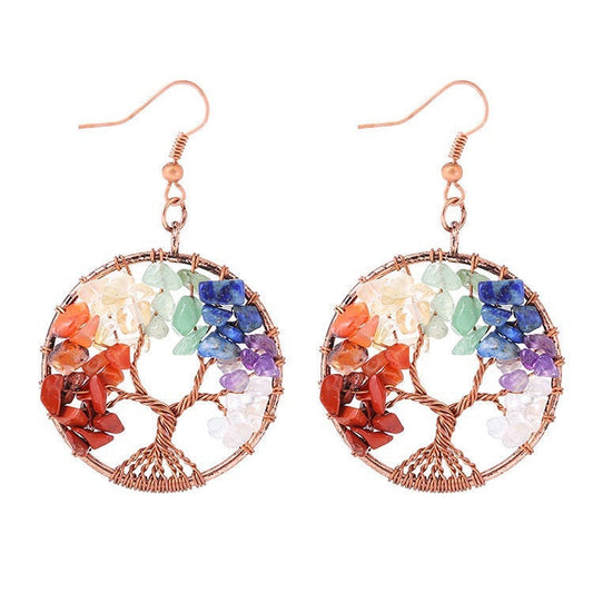 Rainbow Tree of Life Earrings, Rainbow Chakra Earrings, 7 Chakras Earrings Gemstone Tree of Life Earrings, Natural Gemstone Earrings Crystal