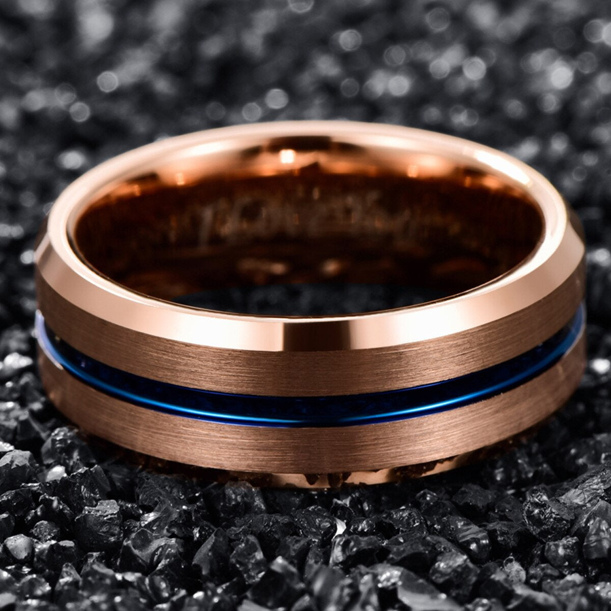 Blue Stripe Ring in Rose Gold Tungsten