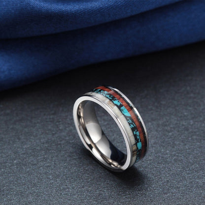 Turquoise Deer Antler &amp; Koa Wood Inlay Titanium Wedding Ring Mens Titanium Ring Gemstone Inlay Ring Real Wood Inlay Ring Antler Inlay Ring