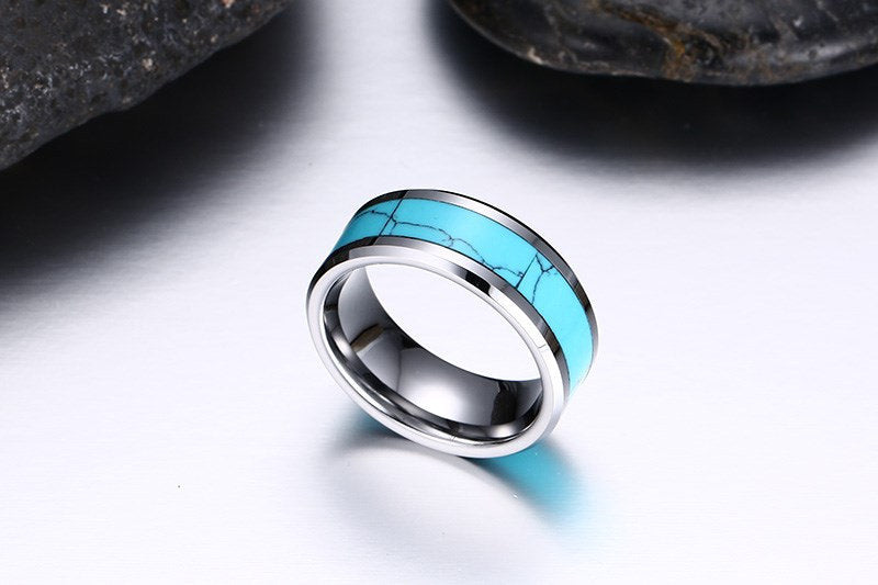 Bague turquoise en argent pour hommes avec tungstène argenté