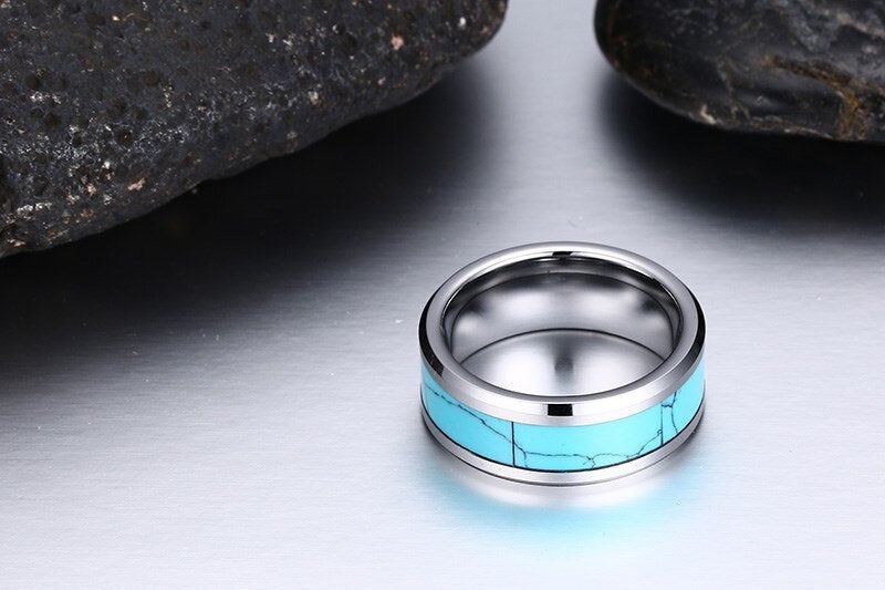 Bague turquoise en argent pour hommes avec tungstène argenté